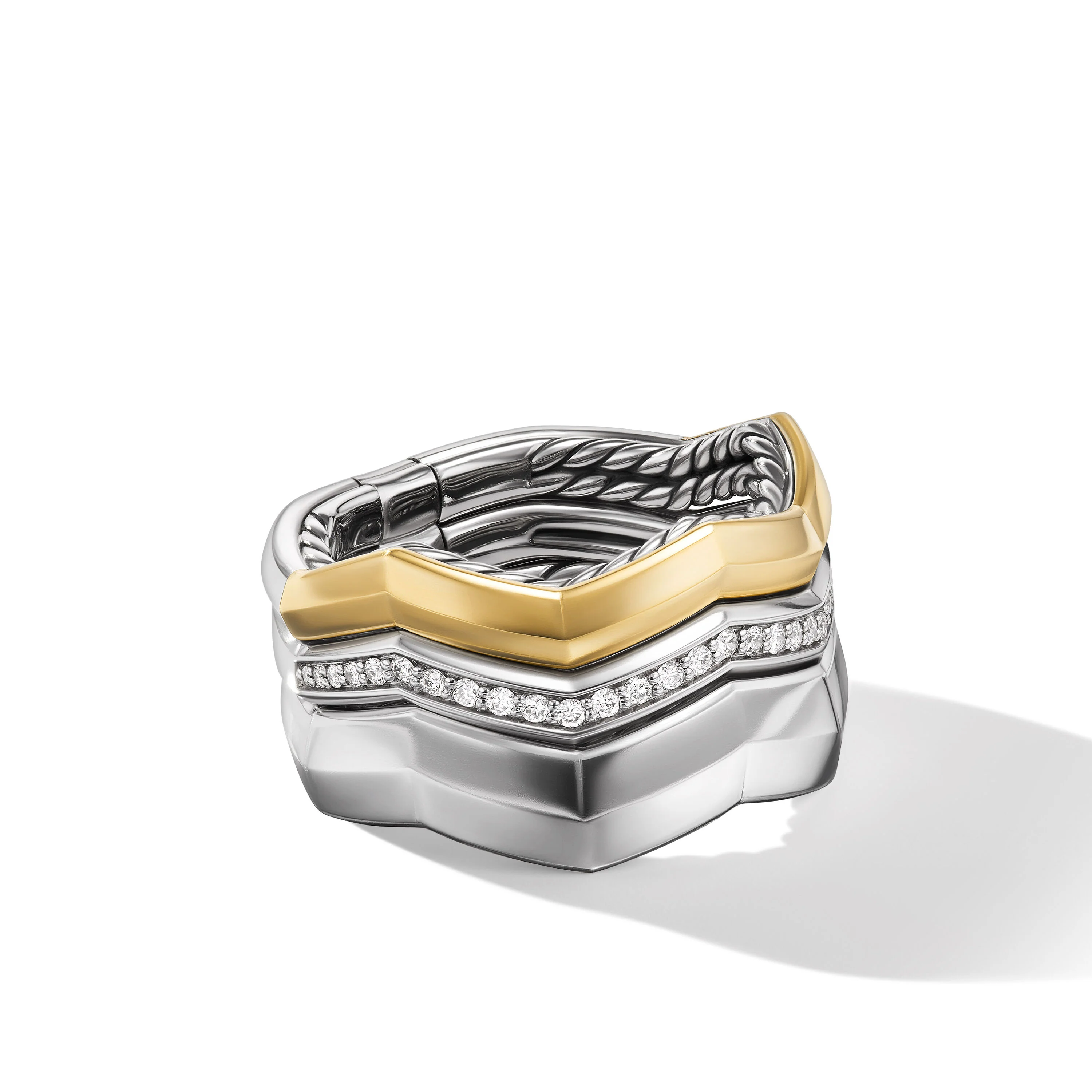 David Yurman Zig Zag Stax™ Three Row Ring In Sterling Silver With 18k Yellow Gold And Diamonds, 11.7mm