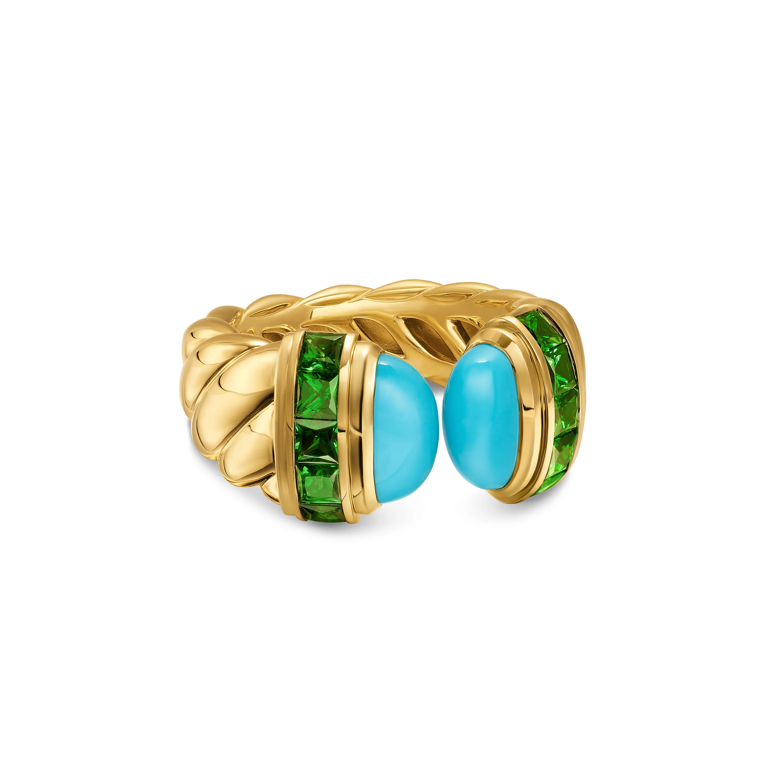 David Yurman Sculpted Cable Open Cocktail Ring In 18k Yellow Gold With Turquoise And Tsavorites, 12.4mm