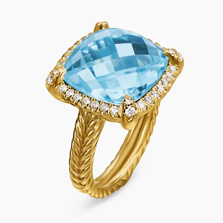 David Yurman Chatelaine® pavé Bezel Ring In 18k Yellow Gold With Blue Topaz And Diamonds, 14mm