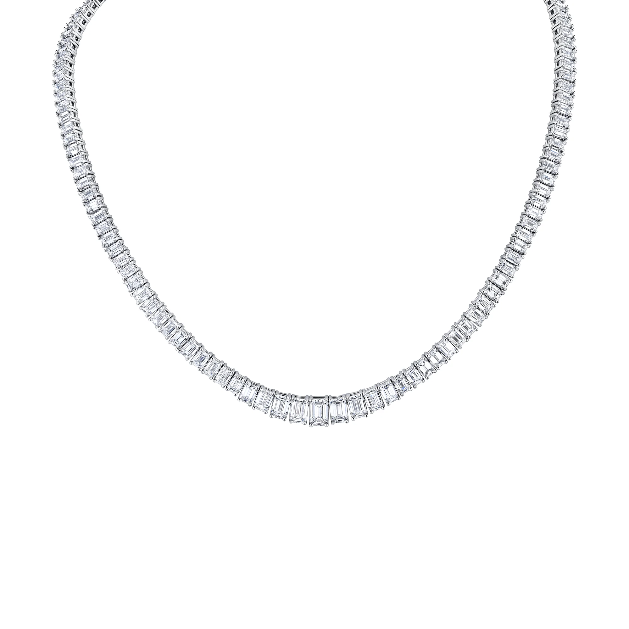 18k White Gold 27.08ctw Graduating Emerald Cut Diamond Necklace