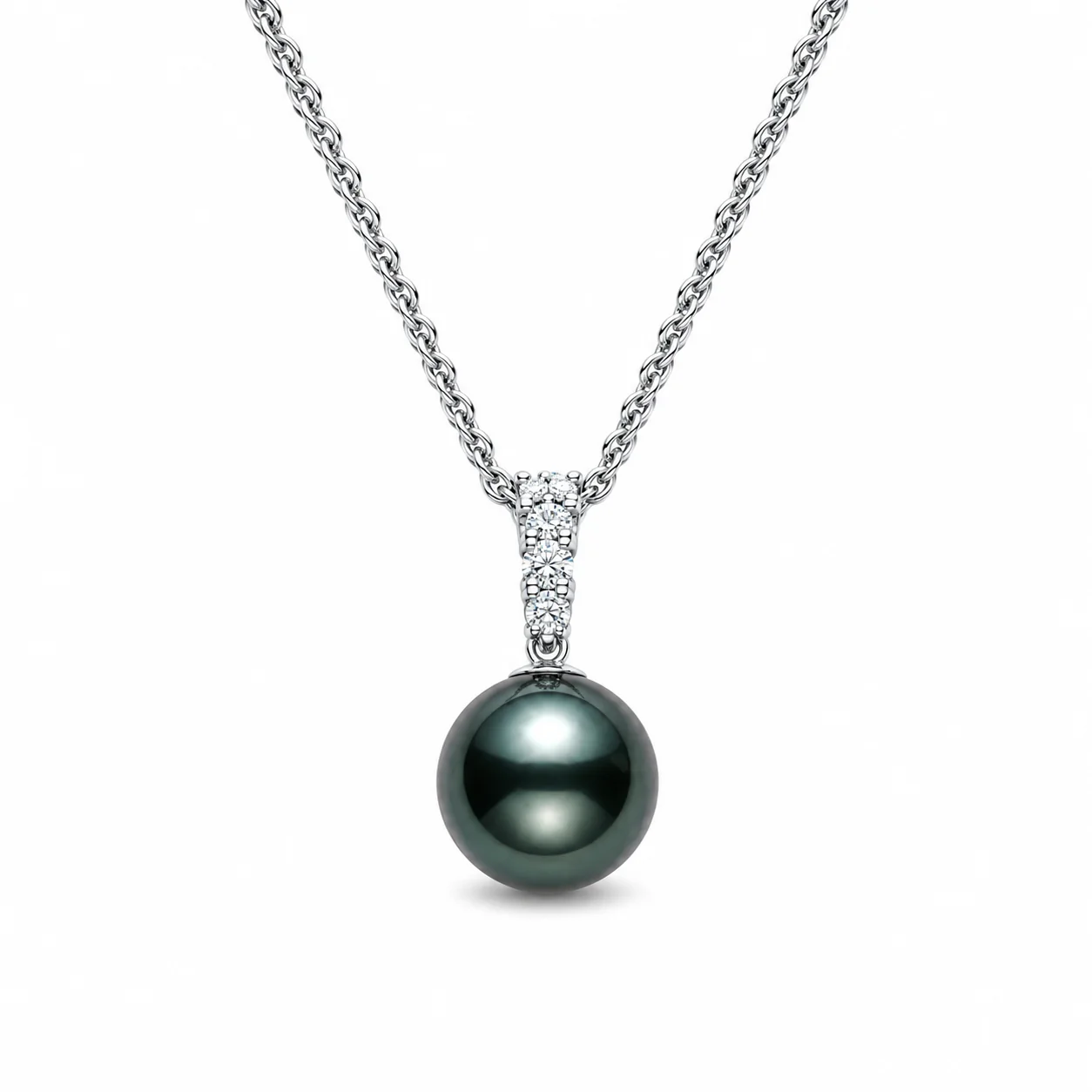 18K White Gold Black South Sea Pearl and Diamond Pendant Necklace