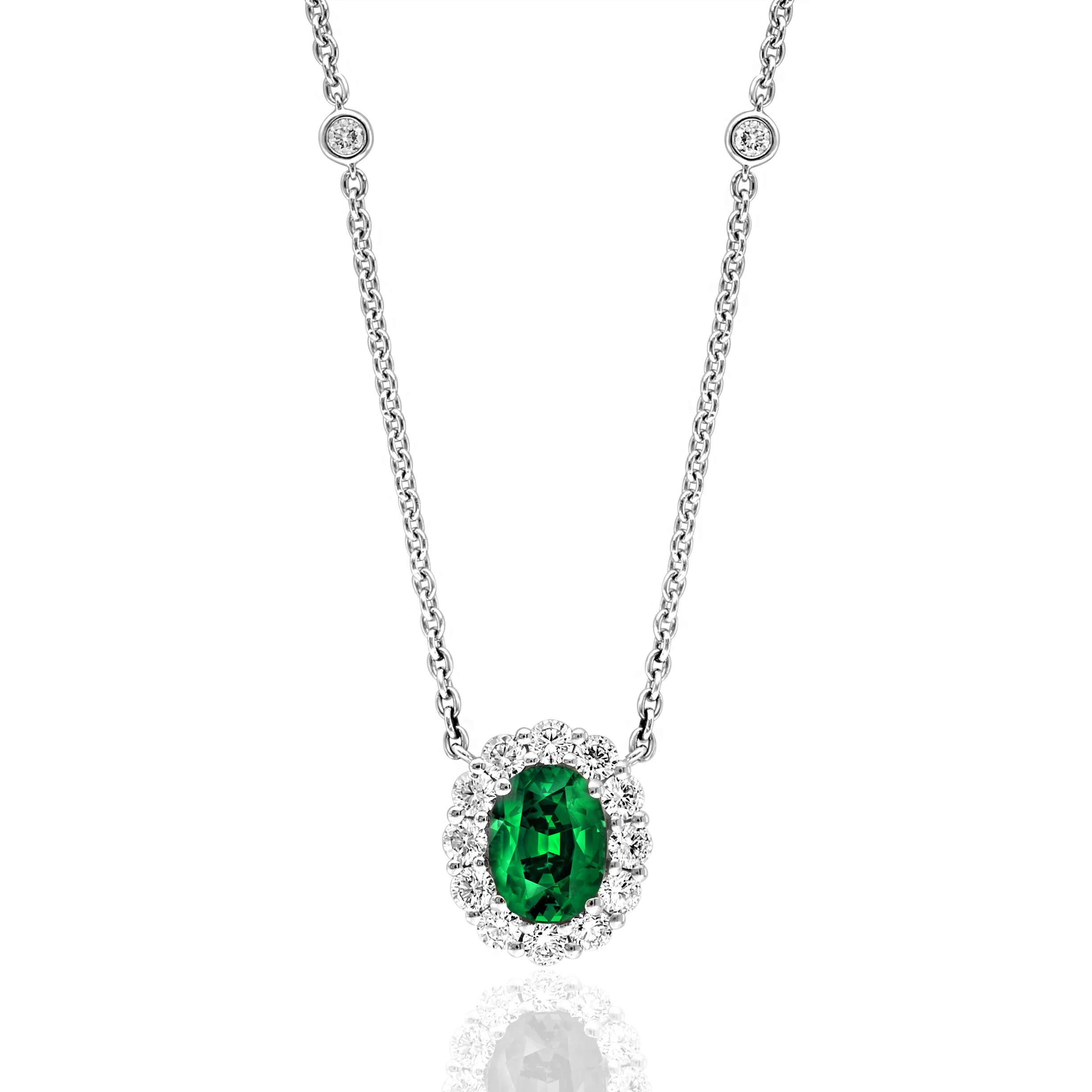 18k White Gold Emerald & Diamond Pendant Necklace