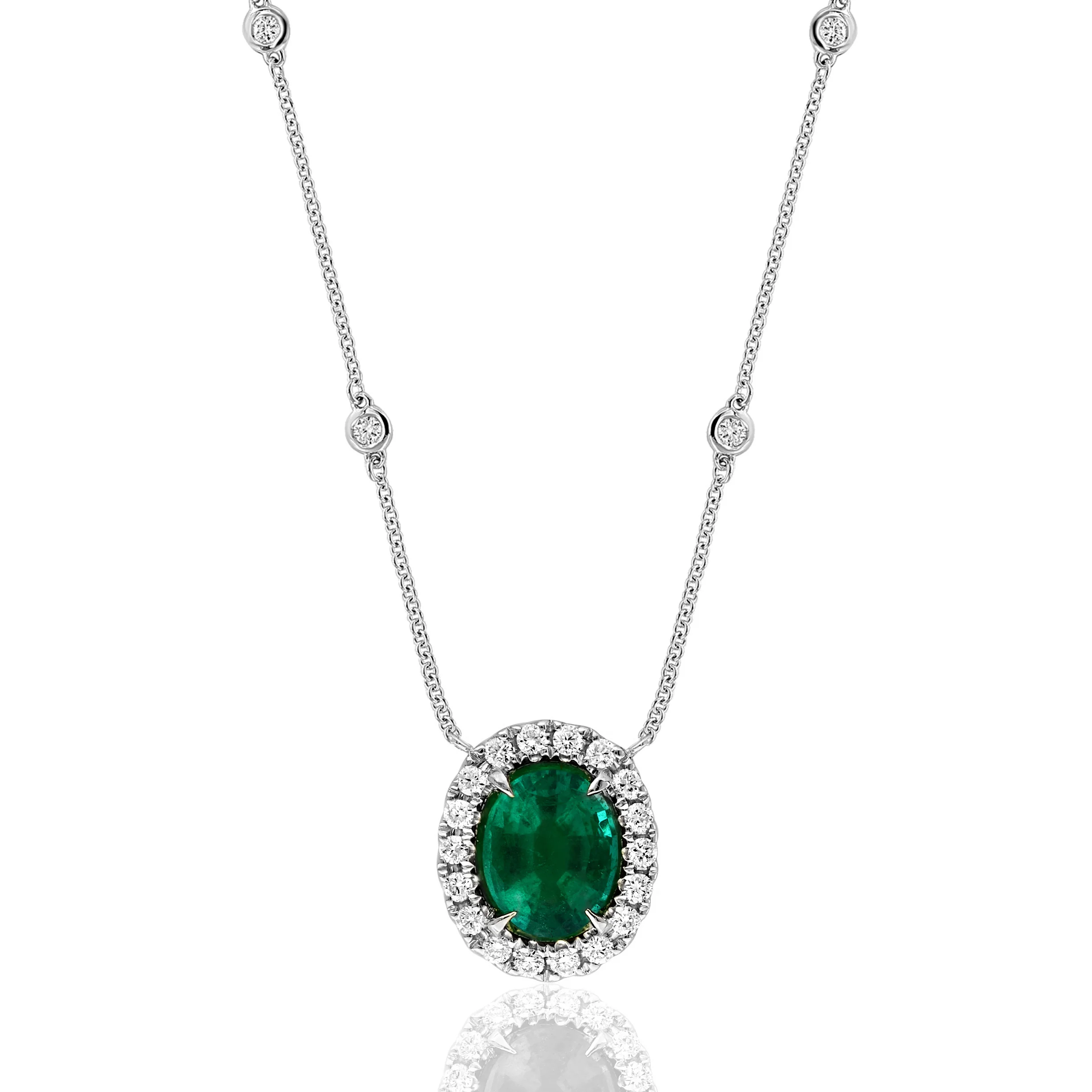18k White Gold Emerald & Diamond Pendant Necklace