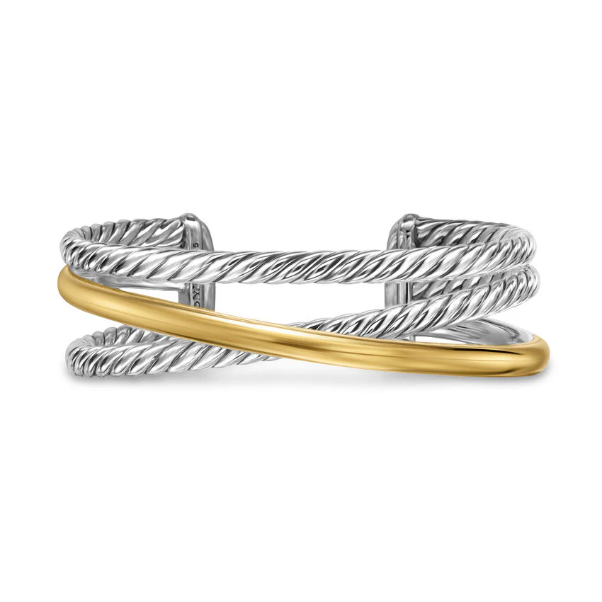 David Yurman Crossover Three Row Cuff Bracelet In Sterling Silver With 14k Yellow Gold, 20mm