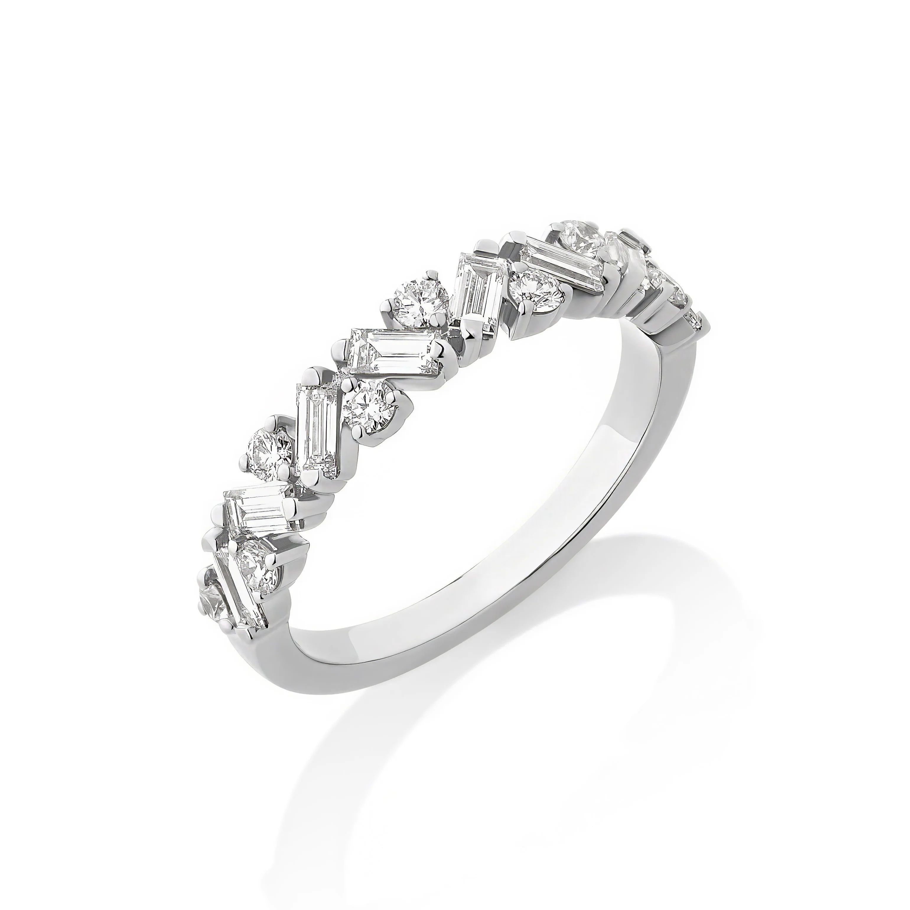 18k White Gold 0.78ctw Interlocking Baguette & Round Diamond Band