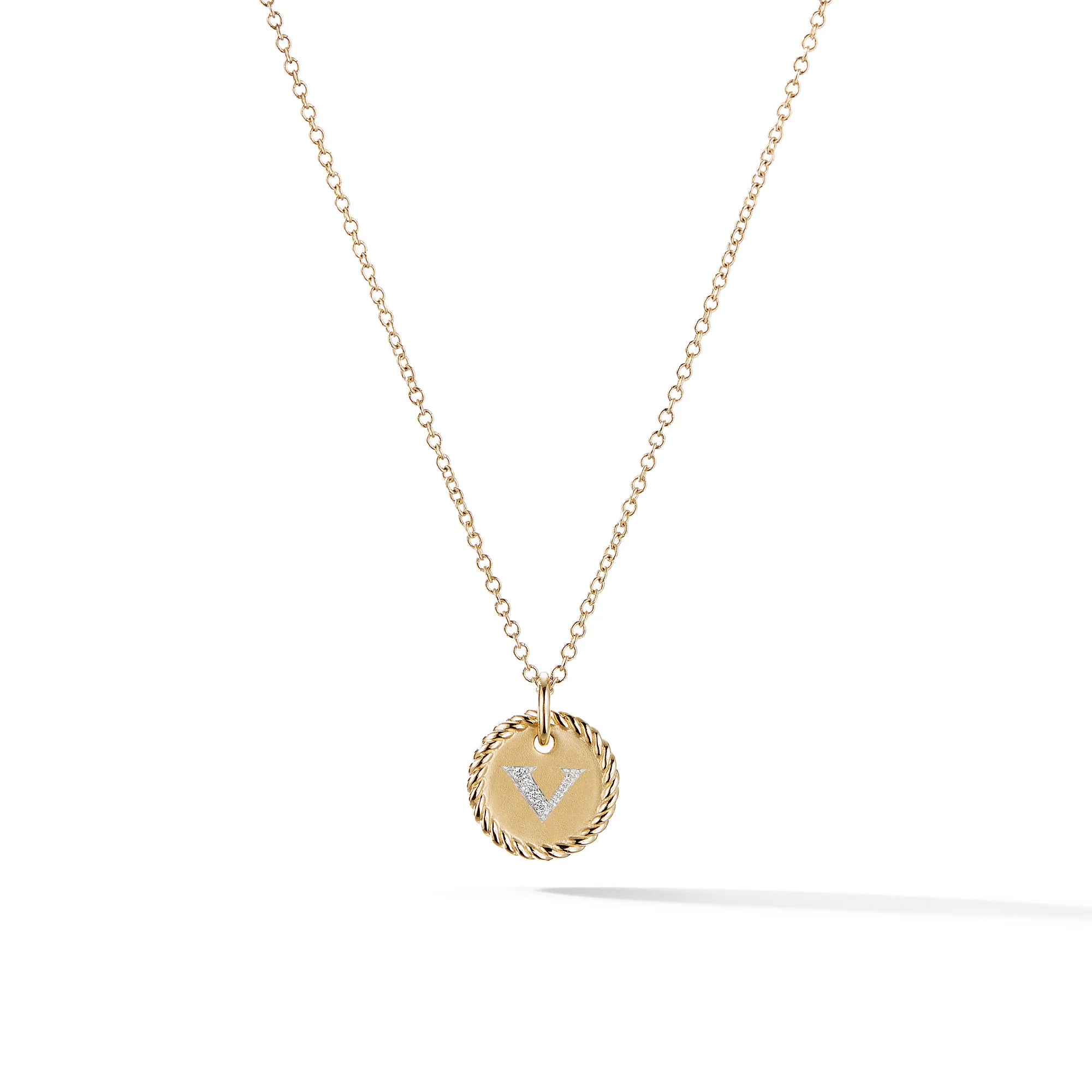 David Yurman Initial Charm Necklace In 18k Yellow Gold With Diamond V