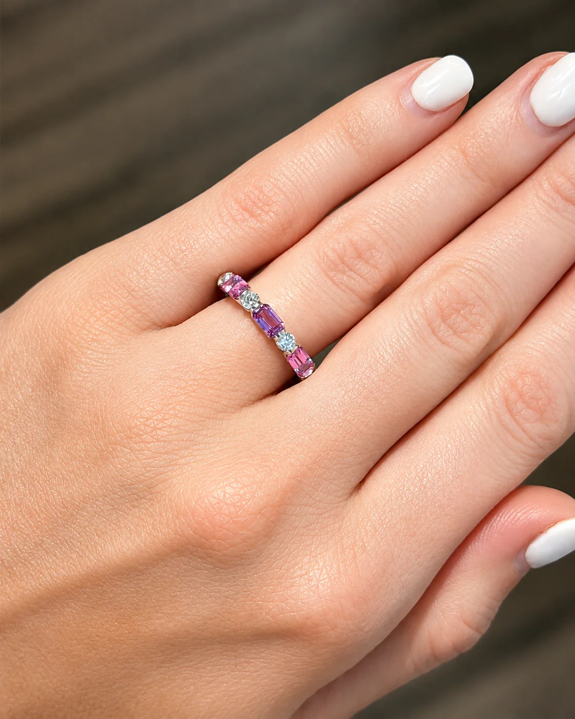 Alternating Emerald Cut Pink Sapphire & Round Diamond Band - Image 3