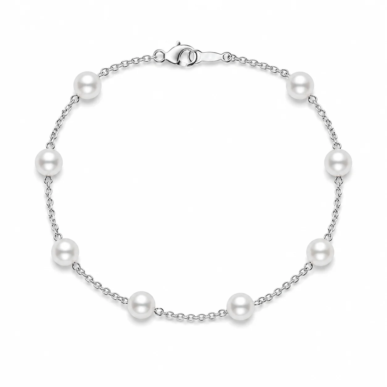 18k White Gold 5.5x6mm Pearl Station Bracelet