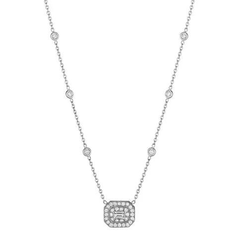 18k White Gold Art Deco Emerald Illusion Diamond Necklace