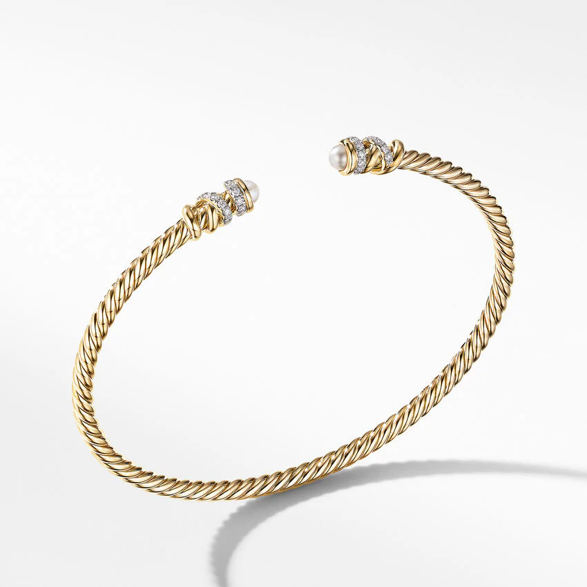 David Yurman Petite Helena Cablespira® Bracelet In 18k Yellow Gold With Pearls And Diamonds, 3mm