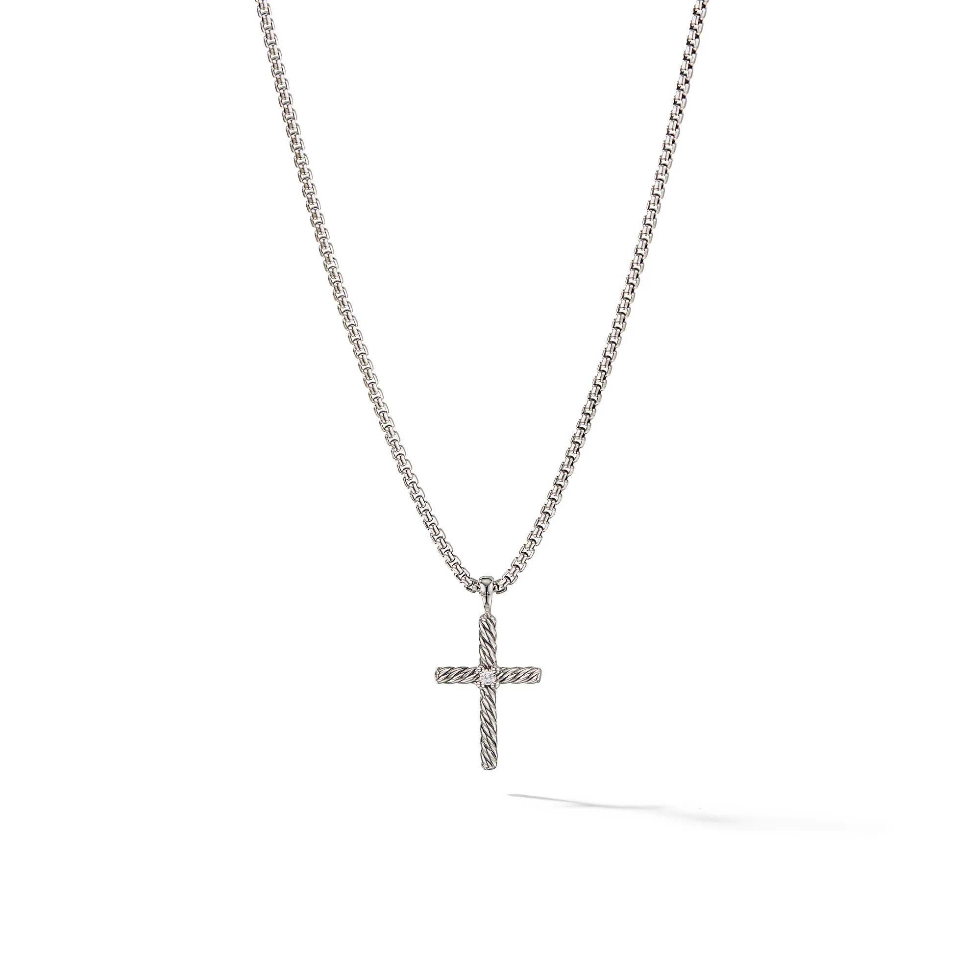 David Yurman Classic Cable Cross Necklace In Sterling Silver With Center Diamond, 24.3mm