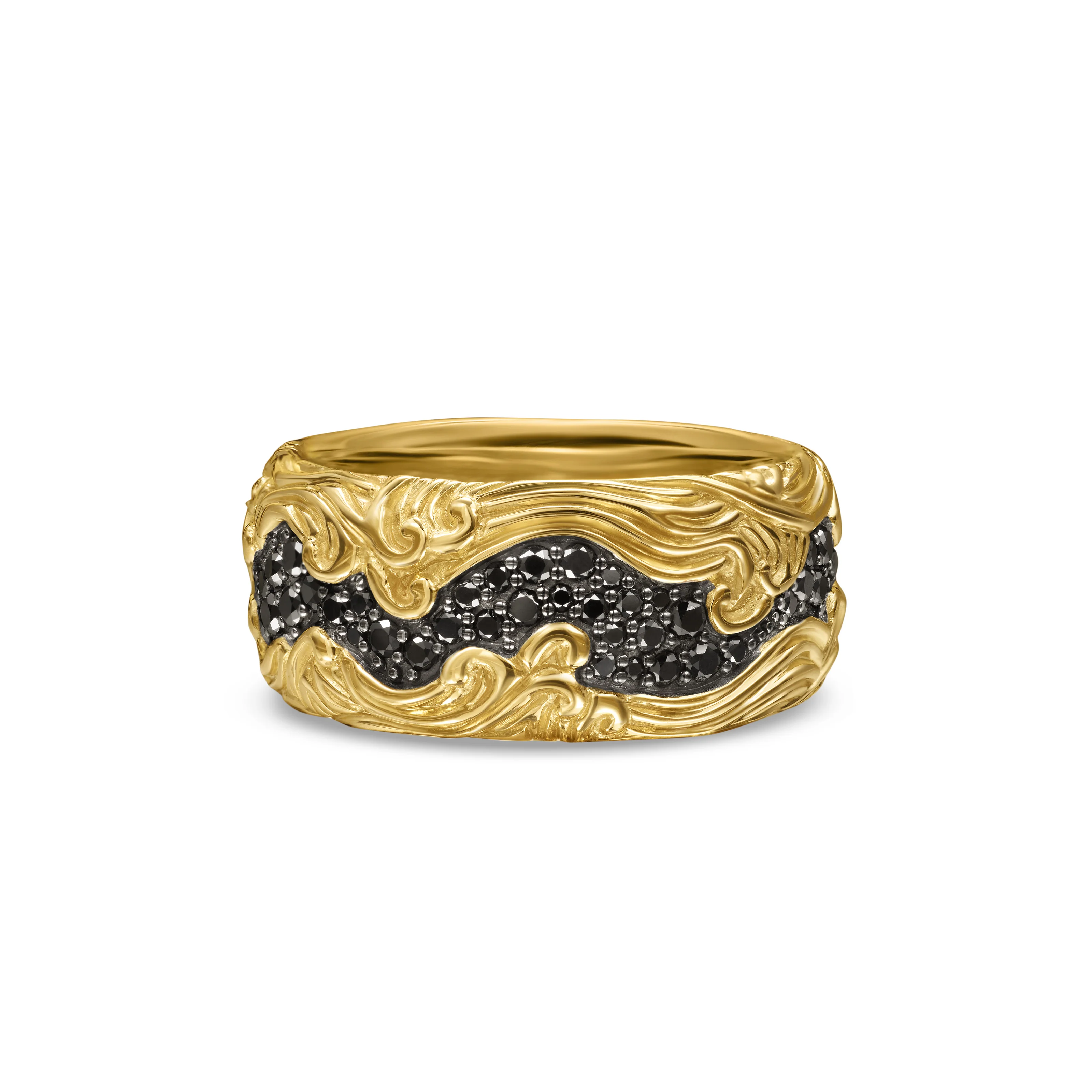 David Yurman Waves Pavé Band Ring In 18k Yellow Gold With Black Diamonds, 10.5mm